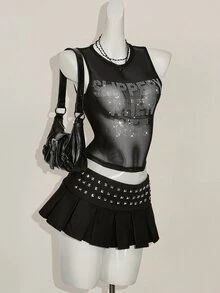 SHEIN ICON Y2k 夏季黑色网纱透视性感水钻亮片女士水钻字母网纱露背紧身吊带背心 - 黑色 - 查看 5