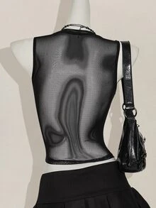 SHEIN ICON Y2k 夏季黑色网纱透视性感水钻亮片女士水钻字母网纱露背紧身吊带背心 - 黑色 - 查看 4