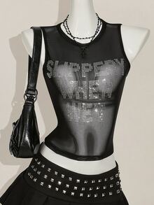SHEIN ICON Y2k 夏季黑色网纱透视性感水钻亮片女士水钻字母网纱露背紧身吊带背心 - 黑色 - 查看 11