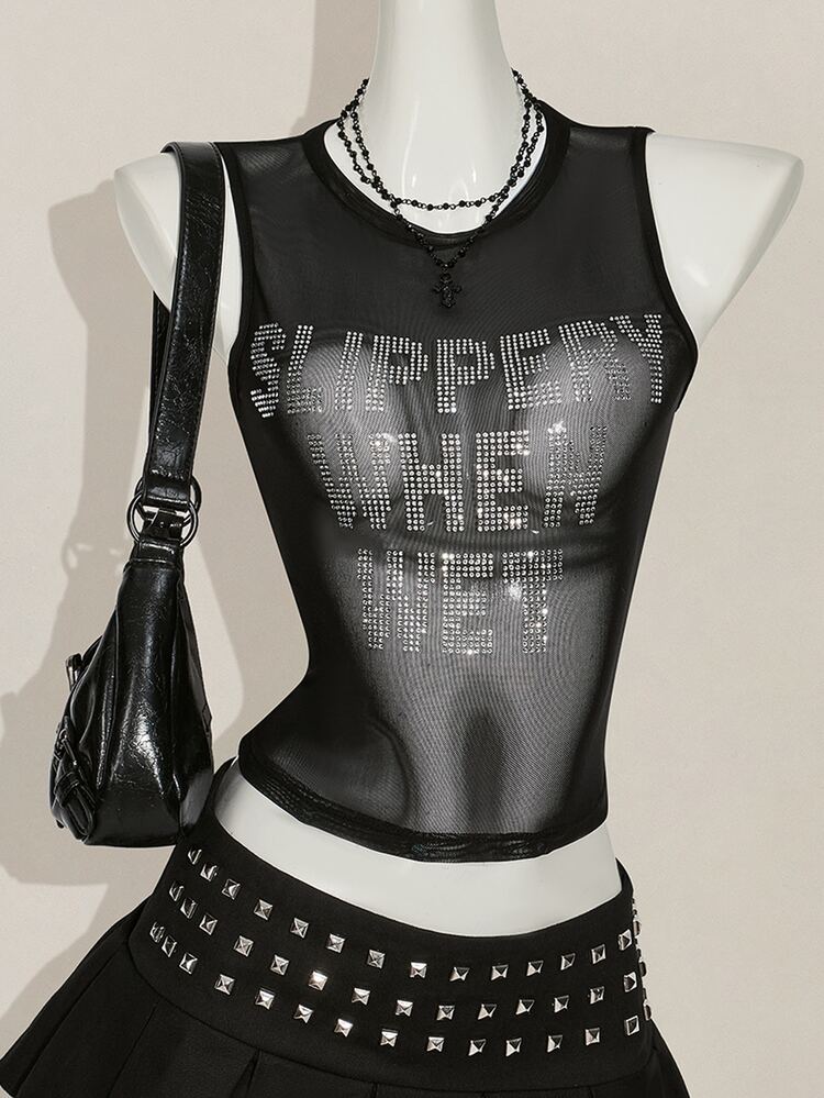 SHEIN ICON Y2k Summer Black And Silver Mesh Sheer Sexy Rhinestone Glitter Women's Rhinestone Letter Mesh Backless Tight Camisole Night Out Club - Black - View 11