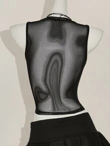 SHEIN ICON Y2k 夏季黑色网纱透视性感水钻亮片女士水钻字母网纱露背紧身吊带背心 - 黑色 - 查看 8