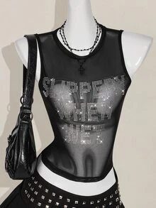 SHEIN ICON Y2k 夏季黑色网纱透视性感水钻亮片女士水钻字母网纱露背紧身吊带背心 - 黑色 - 查看 2