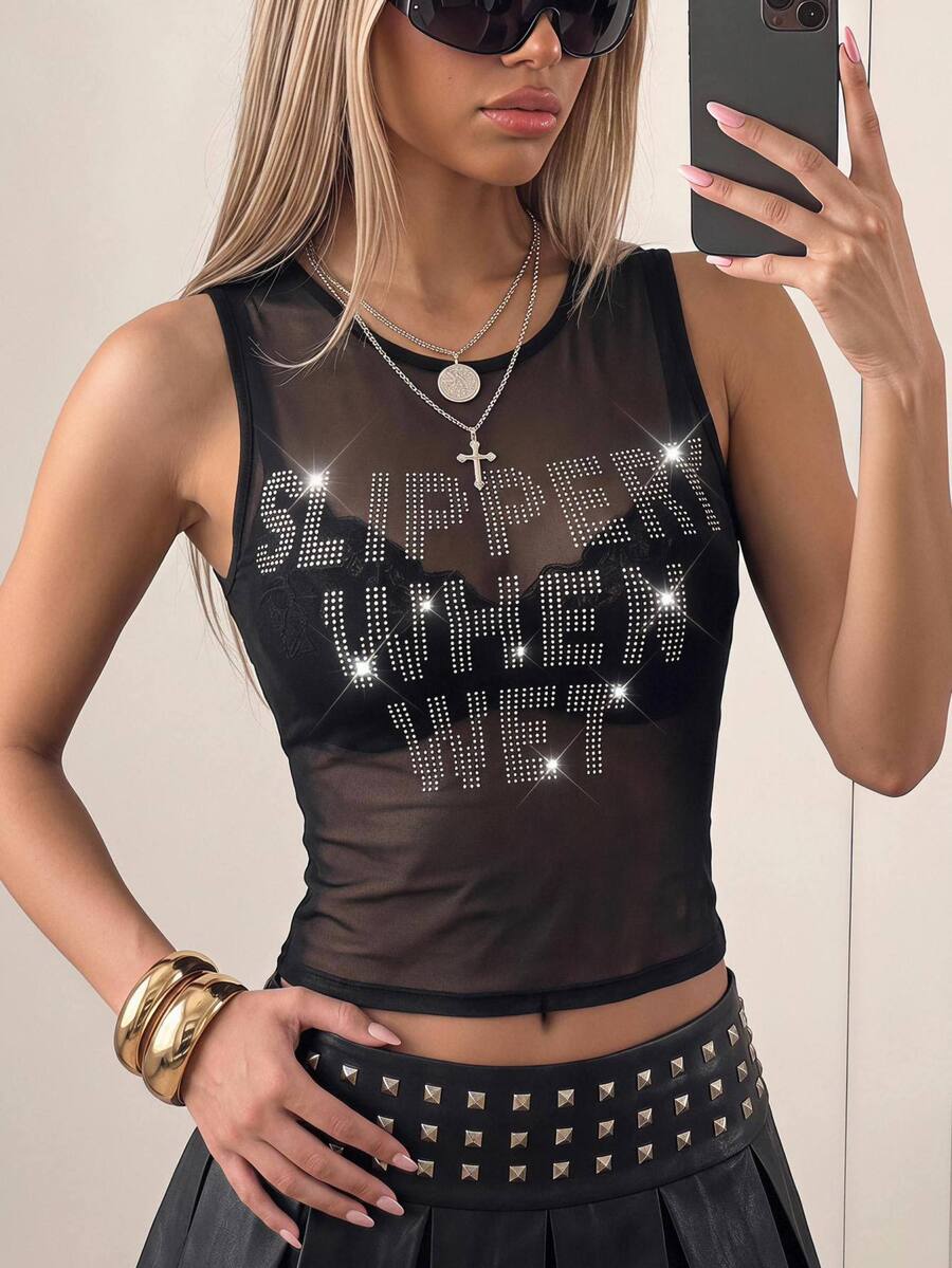SHEIN ICON Y2k 夏季黑色网纱透视性感水钻亮片女士水钻字母网纱露背紧身吊带背心 - 黑色 - 查看 1