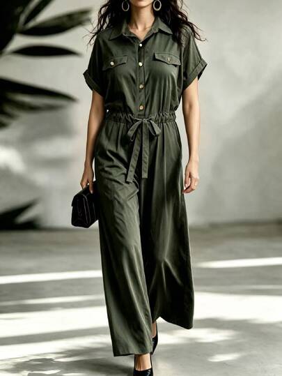 Trelyra Plus Size Minimalist Casual Loose Army Green Shirt Jumpsuit Wide Leg Pants