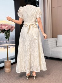 Feyla 新款優雅浪漫刺繡提花收腰休閒派對度假洋裝 - 杏色 - 查看 4