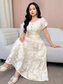 Feyla 新款優雅浪漫刺繡提花收腰休閒派對度假洋裝 - 杏色 - 查看 2
