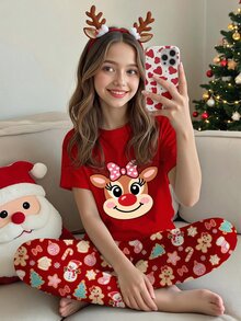 少女休閒可愛趣味卡通聖誕馴鹿雪花聖誕樹聖誕老人雪人薑餅人圖案節慶短袖長褲修身聖誕睡衣，一品紅，秋季 - 彩色 - 查看 2