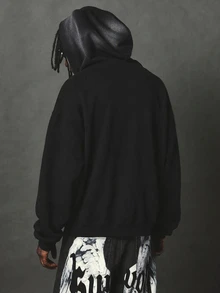 SUMWON Oversized Washed Effect Pullover Hoodie With Centre Pocket Relaxed Fit Casual Fleece Top Fall Winter - Black - View 4