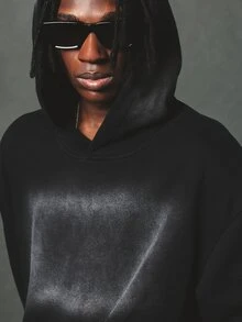 SUMWON Oversized Washed Effect Pullover Hoodie With Centre Pocket Relaxed Fit Casual Fleece Top Fall Winter - Black - View 6