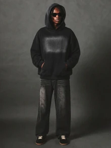 SUMWON Oversized Washed Effect Pullover Hoodie With Centre Pocket Relaxed Fit Casual Fleece Top Fall Winter - Black - View 3