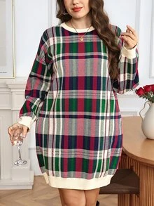 SHEIN LUNE Plus Size Women's Plaid Casual 1920 Vintage Retro 90s Everyday Knit Dress Christmas Family Vacation Evening Dark Green Autumn - Multicolor - View 1