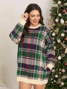 SHEIN LUNE Plus Size Women's Plaid Casual 1920 Vintage Retro 90s Everyday Knit Dress Christmas Family Vacation Evening Dark Green Autumn - Multicolor - View 2