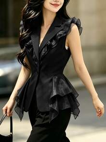 RosyDaze Fashionable Commuter Sleeveless Waist-Cinching Ruffle Edge Jacket, Single-Breasted, Suitable For Commuter Outfits - Black - View 6