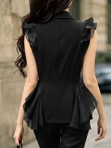 RosyDaze Fashionable Commuter Sleeveless Waist-Cinching Ruffle Edge Jacket, Single-Breasted, Suitable For Commuter Outfits - Black - View 2