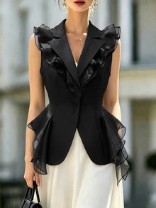 RosyDaze Fashionable Commuter Sleeveless Waist-Cinching Ruffle Edge Jacket, Single-Breasted, Suitable For Commuter Outfits - Black - View 4