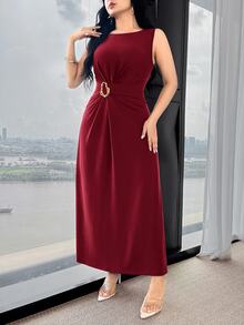 Feyla Waist Ruched, Metal Decor Button, Cinched Waist, Elegant & Versatile Party/Work Wear Dress - Burgundy - View 4