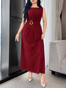 Feyla Waist Ruched, Metal Decor Button, Cinched Waist, Elegant & Versatile Party/Work Wear Dress - Burgundy - View 5