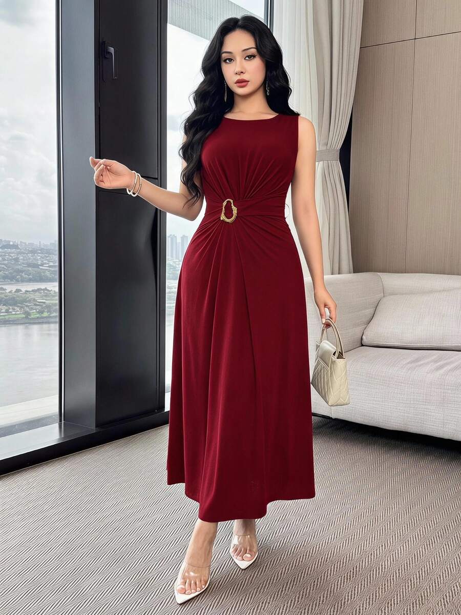 Feyla Waist Ruched, Metal Decor Button, Cinched Waist, Elegant & Versatile Party/Work Wear Dress
