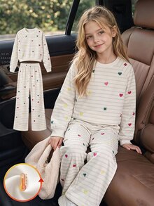 青少年女孩 2件組 灰色圓領長袖上衣與寬腿長褲，附蝴蝶結裝飾，秋冬時尚套裝 - 白色 - 查看 5