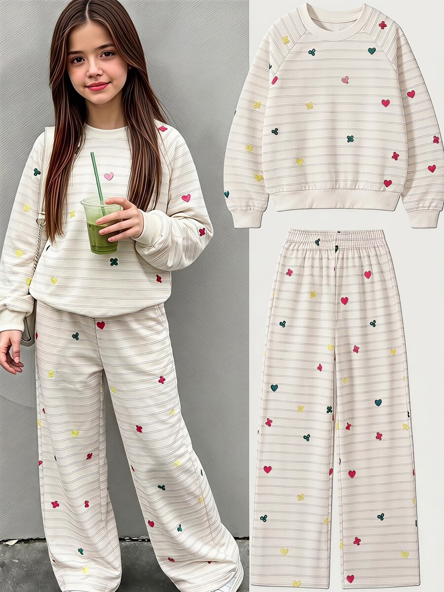 Tween Girls Fleece 2pcs/Set Young Girls Fashion Gray Round Neck Long Sleeve Top And Wide Leg Pants With Bow Decor, Autumn/Winter Fall - White - View 1