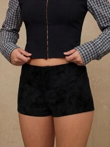 TypaGal PU Leather Suede Low Waisted Mini Shorts - Black - View 6