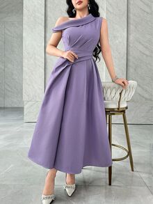 Feyla Asymmetric Shoulder, Waist Ruched A-Line Elegant Party Dress, Suitable For Social Gatherings - Purple - View 6