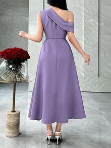 Feyla Asymmetric Shoulder, Waist Ruched A-Line Elegant Party Dress, Suitable For Social Gatherings - Purple - View 4
