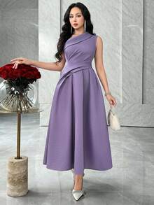 Feyla Asymmetric Shoulder, Waist Ruched A-Line Elegant Party Dress, Suitable For Social Gatherings - Purple - View 2