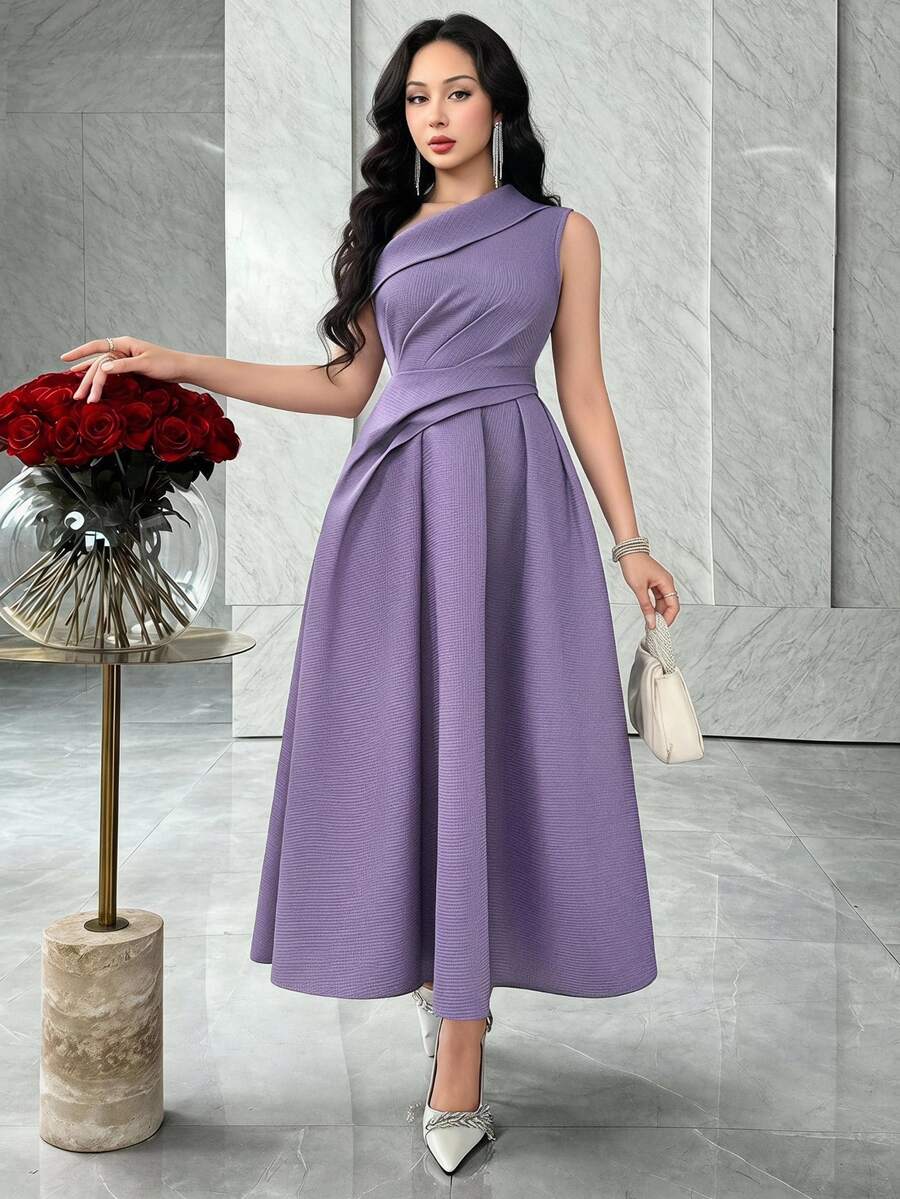 Feyla Asymmetric Shoulder, Waist Ruched A-Line Elegant Party Dress, Suitable For Social Gatherings