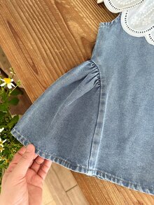 SHEIN 1pc Toddler Girl A-Line Dress Cute Sweet Baby Blue Lace Scalloped Collar Sleeveless Round Neck Regular Birthday Party Autumn Princess Ballet Patchwork - Blue - View 6