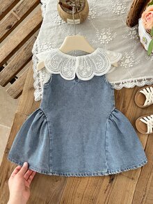 SHEIN 1pc Toddler Girl A-Line Dress Cute Sweet Baby Blue Lace Scalloped Collar Sleeveless Round Neck Regular Birthday Party Autumn Princess Ballet Patchwork - Blue - View 3