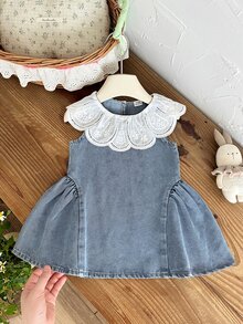 SHEIN 1pc Toddler Girl A-Line Dress Cute Sweet Baby Blue Lace Scalloped Collar Sleeveless Round Neck Regular Birthday Party Autumn Princess Ballet Patchwork - Blue - View 8
