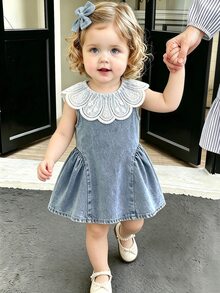 SHEIN 1pc Toddler Girl A-Line Dress Cute Sweet Baby Blue Lace Scalloped Collar Sleeveless Round Neck Regular Birthday Party Autumn Princess Ballet Patchwork - Blue - View 4