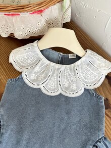 SHEIN 1pc Toddler Girl A-Line Dress Cute Sweet Baby Blue Lace Scalloped Collar Sleeveless Round Neck Regular Birthday Party Autumn Princess Ballet Patchwork - Blue - View 5