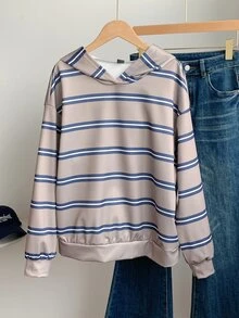 SHEIN EZwear 韩版时尚百搭彩色条纹图案卫衣，适合外套、摄影、露营、秋季、冬季、返校季穿着，女款常规圆领 - 彩色 - 查看 3
