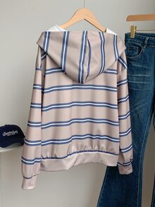 SHEIN EZwear 韩版时尚百搭彩色条纹图案卫衣，适合外套、摄影、露营、秋季、冬季、返校季穿着，女款常规圆领 - 彩色 - 查看 2