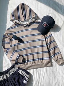 SHEIN EZwear 韩版时尚百搭彩色条纹图案卫衣，适合外套、摄影、露营、秋季、冬季、返校季穿着，女款常规圆领 - 彩色 - 查看 4