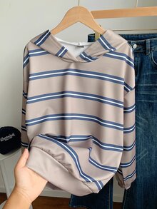 SHEIN EZwear 韩版时尚百搭彩色条纹图案卫衣，适合外套、摄影、露营、秋季、冬季、返校季穿着，女款常规圆领 - 彩色 - 查看 5