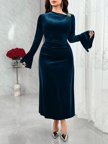 Feyla Elegant Velvet High Cinched Waist Design Niche Waist Cinching Dress - Lake Blue - View 5
