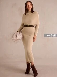 Enchnt Premium Fall Romantic Women's Elegant Khaki Stand Collar Sweater & Knitted Skirt 2 Pcs/Set,Casual Outfits,Festival Dress,Christmas,Halloween - Apricot - View 2