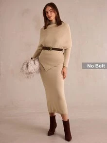 Enchnt Premium Fall Romantic Women's Elegant Khaki Stand Collar Sweater & Knitted Skirt 2 Pcs/Set,Casual Outfits,Festival Dress,Christmas,Halloween - Apricot - View 6