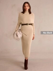 Enchnt Premium Fall Romantic Women's Elegant Khaki Stand Collar Sweater & Knitted Skirt 2 Pcs/Set,Casual Outfits,Festival Dress,Christmas,Halloween - Apricot - View 4
