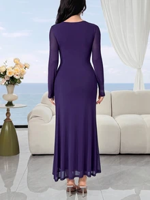 Feyla Women's Elegant Mature Solid Color Long Dress For Party Dinner Party Night Plum Purple Fall - Purple - View 3
