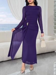 Feyla Women's Elegant Mature Solid Color Long Dress For Party Dinner Party Night Plum Purple Fall - Purple - View 2