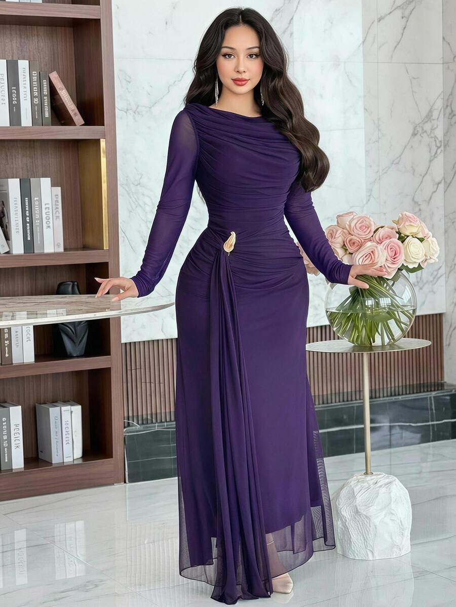 Feyla Women's Elegant Mature Solid Color Long Dress For Party Dinner Party Night Plum Purple Fall - Purple - View 1
