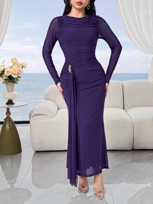 Feyla Women's Elegant Mature Solid Color Long Dress For Party Dinner Party Night Plum Purple Fall - Purple - View 4