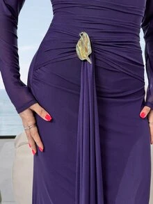 Feyla Women's Elegant Mature Solid Color Long Dress For Party Dinner Party Night Plum Purple Fall - Purple - View 5