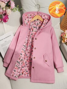 SHEIN 少女可愛編織純色長袖連帽開襟單排扣碎花內裡韓風夾克外套 粉色 秋季 - 粉色 - 查看 3
