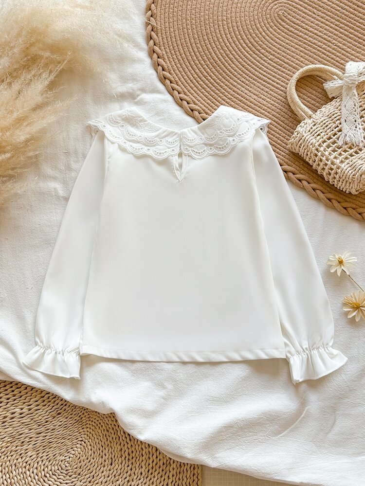 SHEIN Girls' Exquisite Embroidered Double-Layer Peter Pan Collar Blouse, Fall Tops, Fall, Sweet Hollow Embroidery Large Lapel - White - View 2