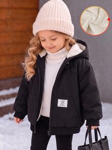 SHEIN Baby Girl Cute Black Versatile Thermal Lined Hooded Jacket, Autumn/Winter - Black - View 1